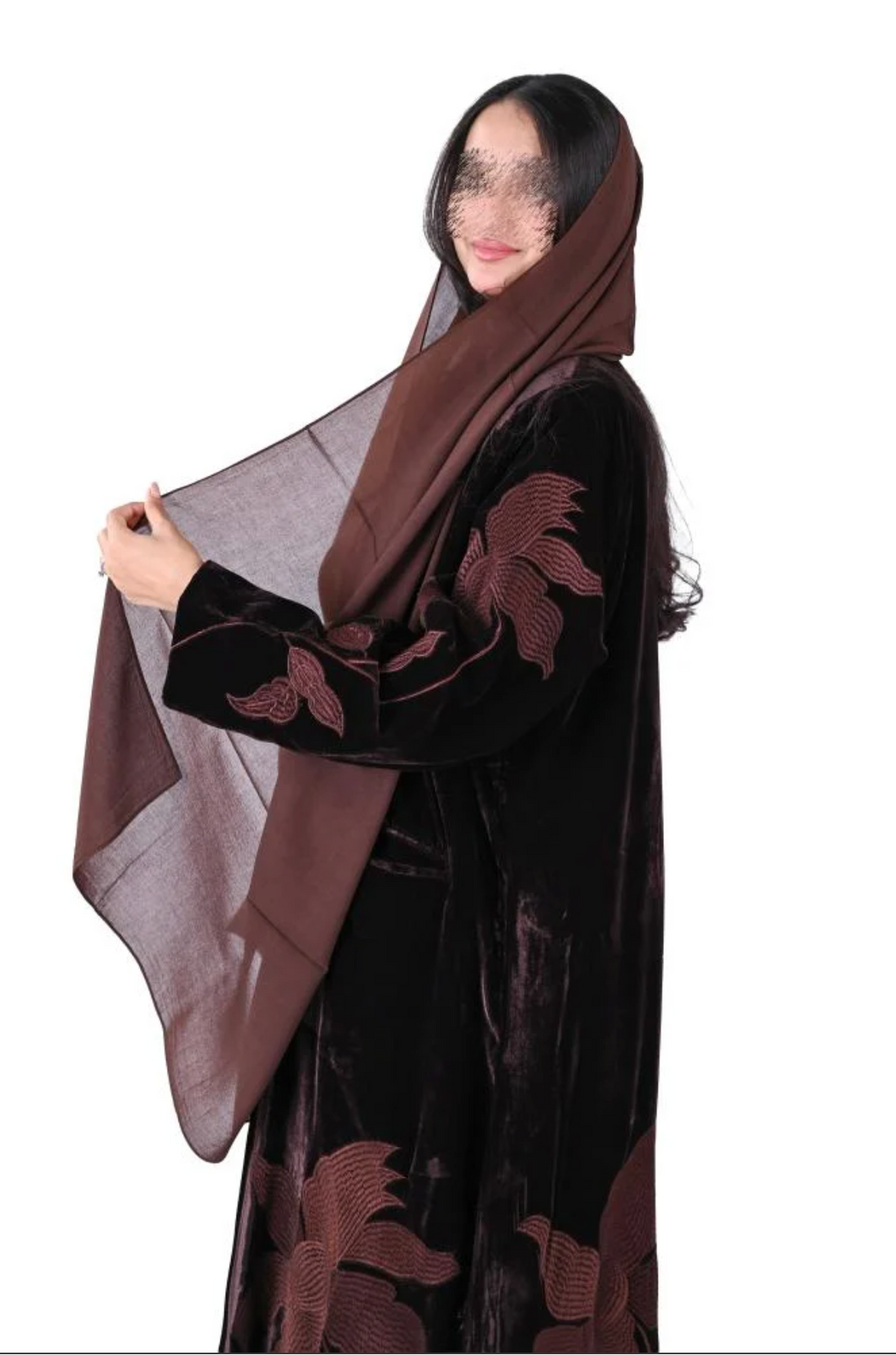 Velvet abaya with winter blazer, embroidery, and pockets