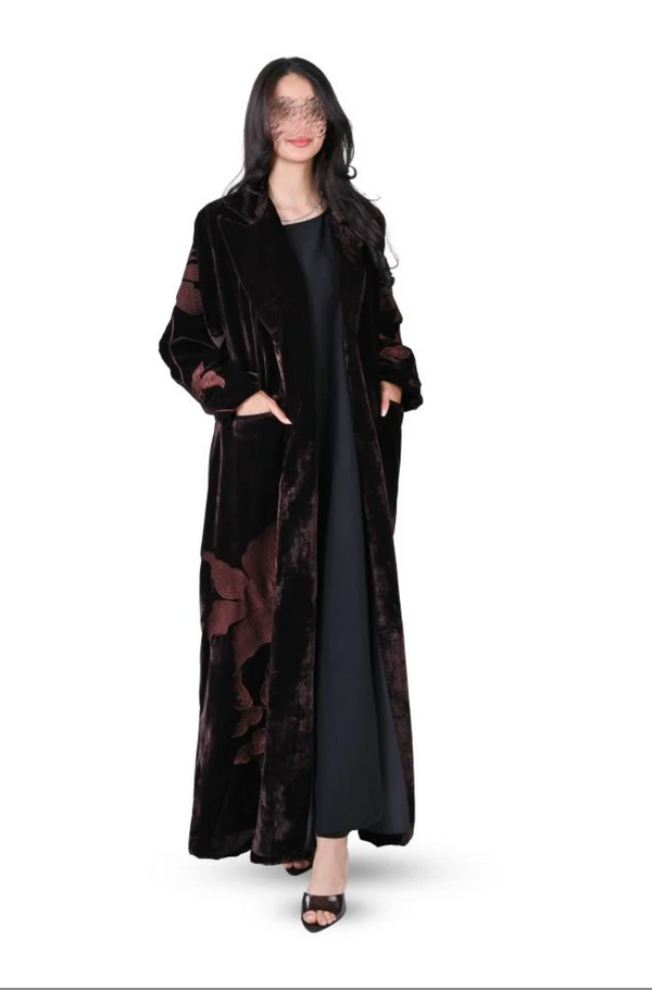 Velvet abaya with winter blazer, embroidery, and pockets