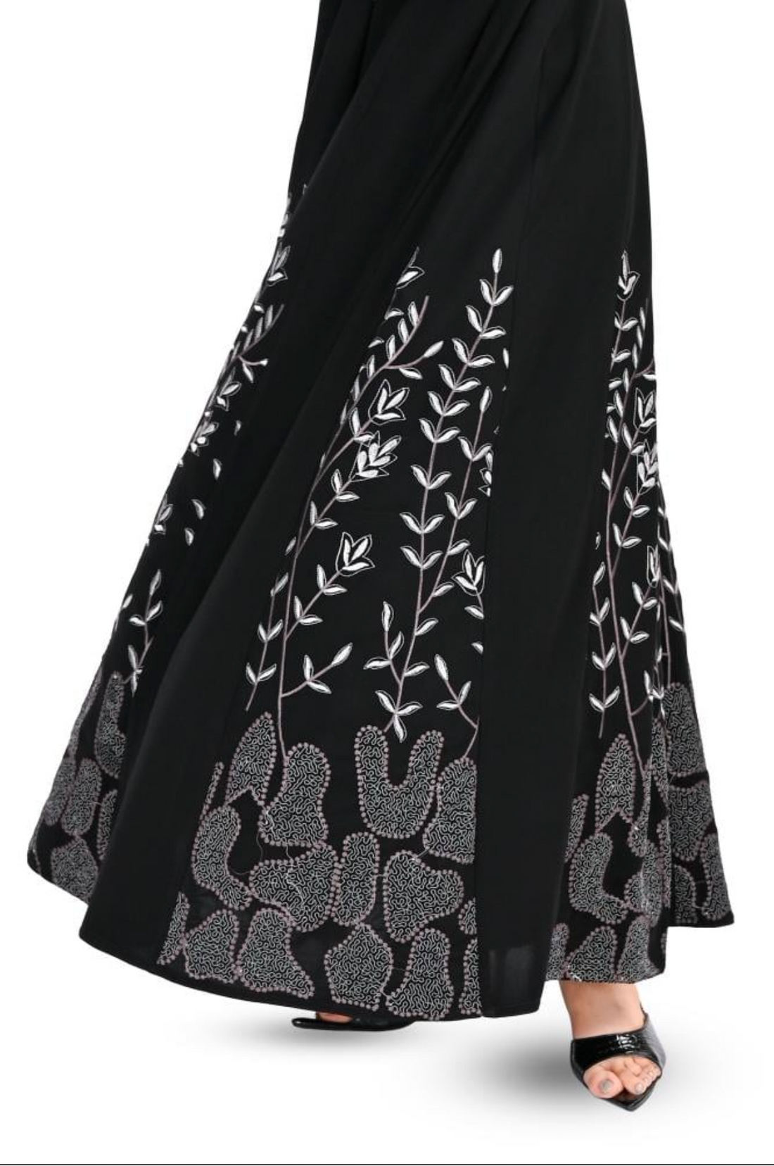 A flared abaya with colorful embroidery