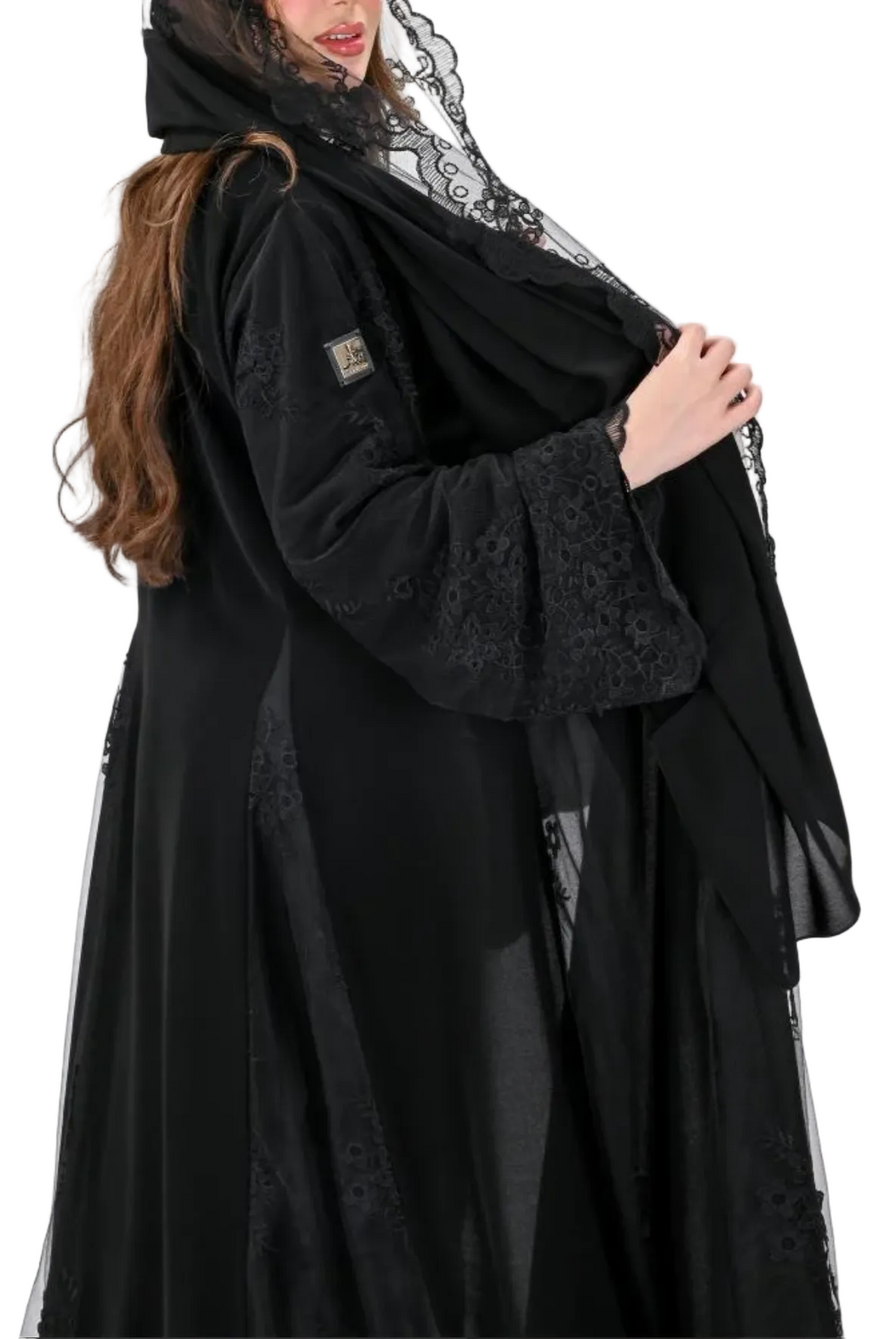 Royal flared abaya with embroidered tulle