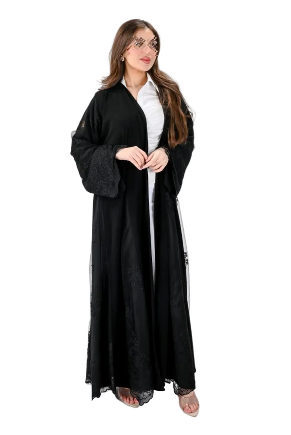 Royal flared abaya with embroidered tulle