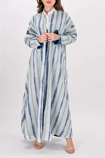 Striped Linen Half-Clogh Abaya Sky Blue & Tiffany