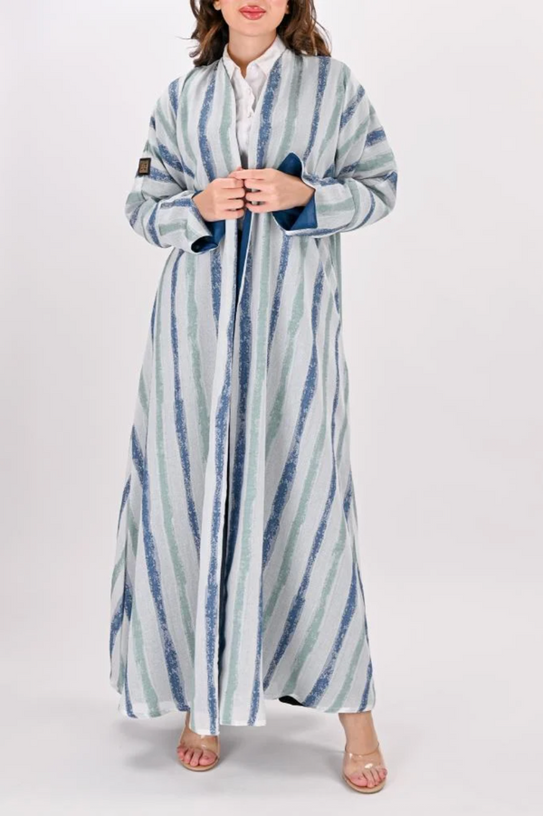 Striped Linen Half-Clogh Abaya Sky Blue & Tiffany