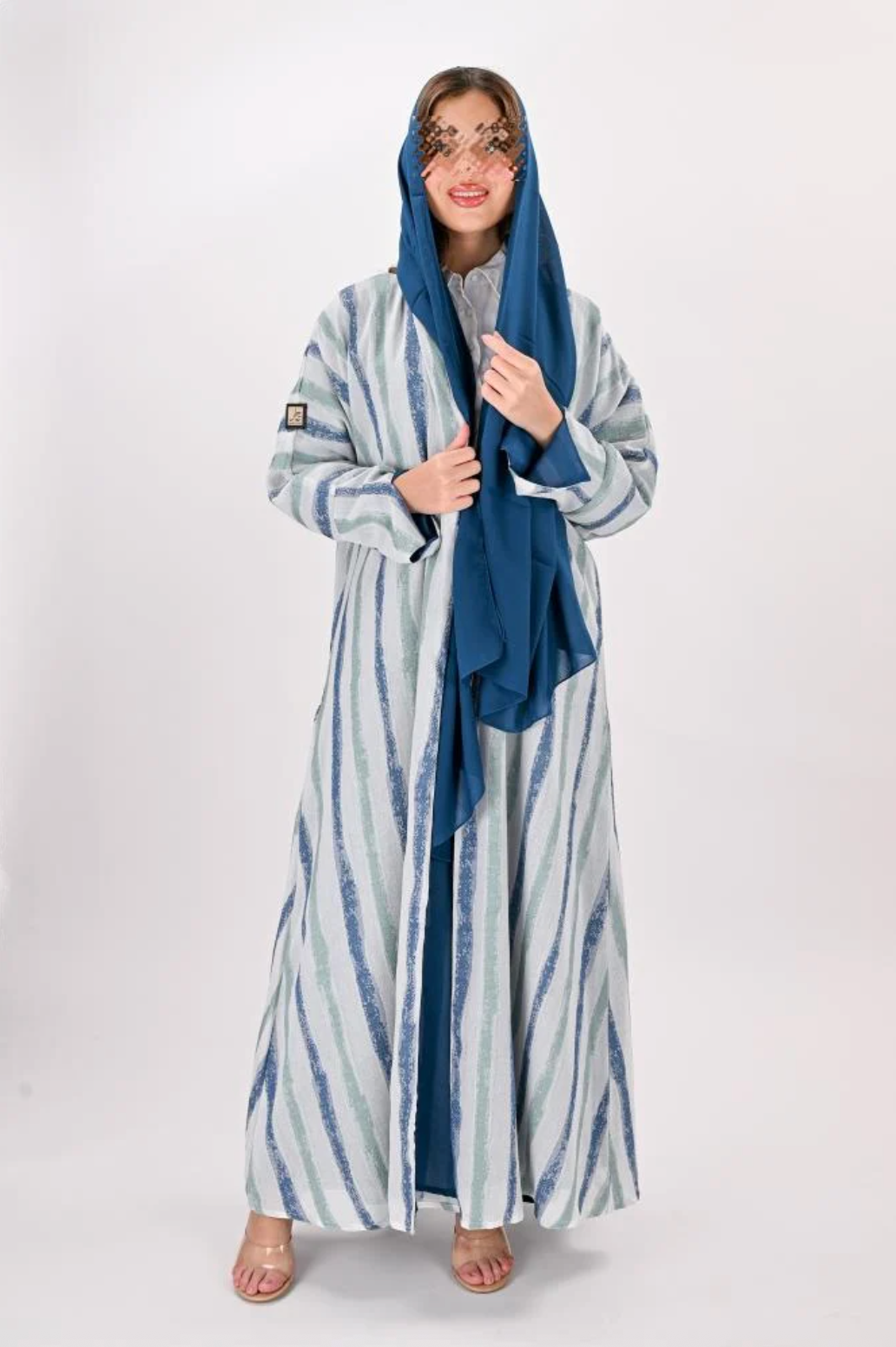 Striped Linen Half-Clogh Abaya Sky Blue & Tiffany
