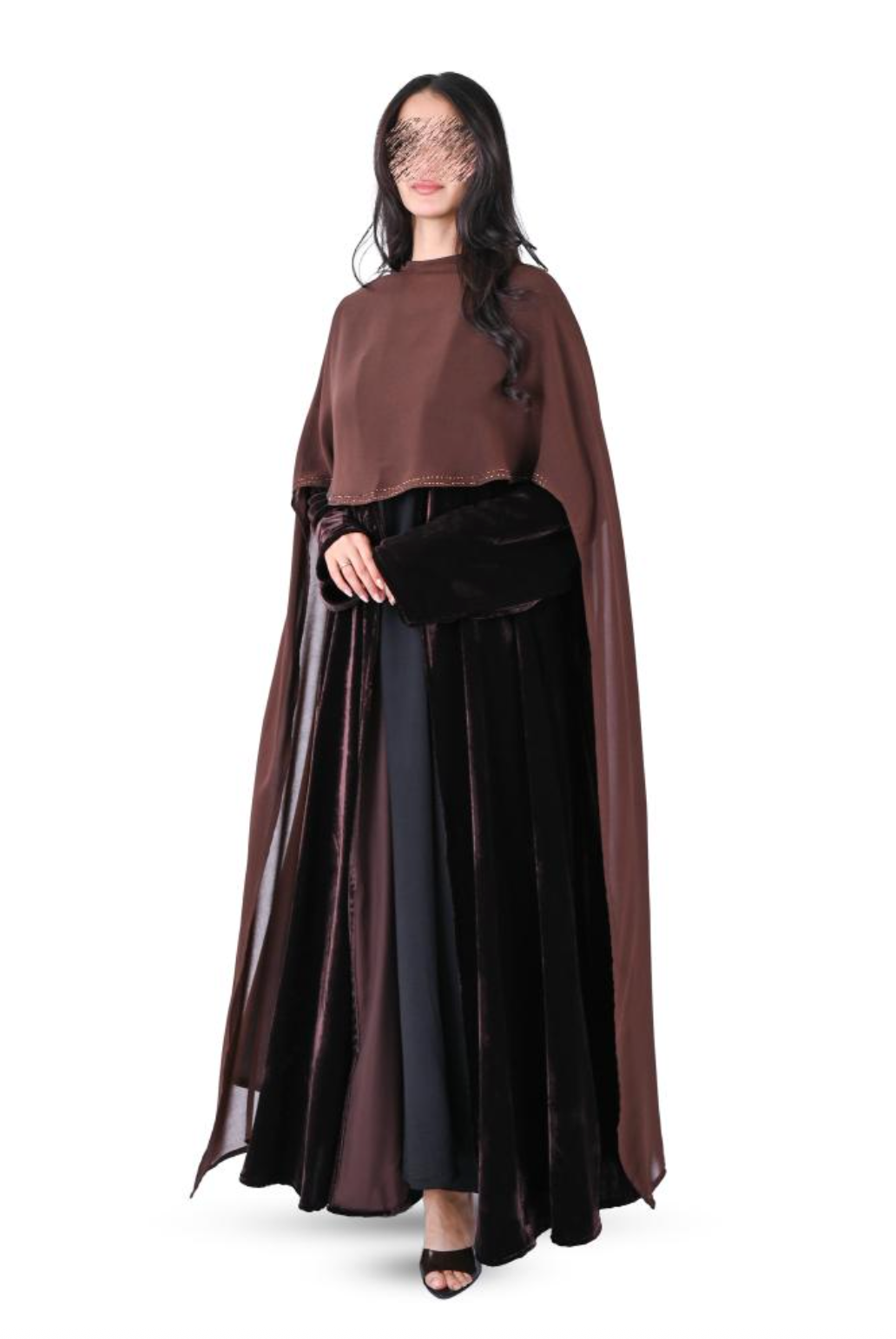 Winter Velvet Clogh Abaya with Shawl - Brown